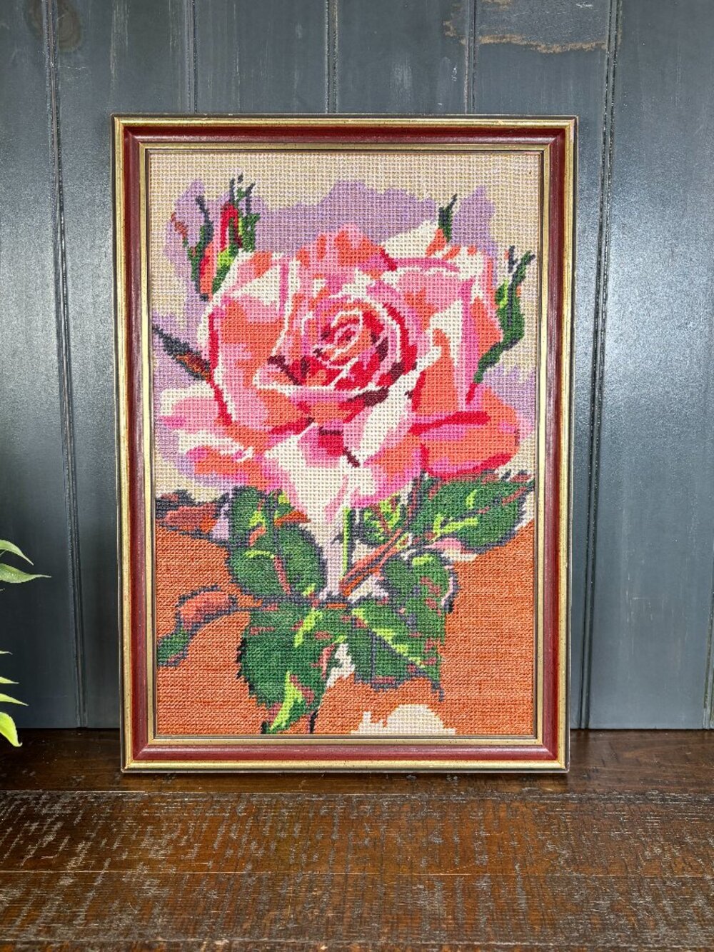 Vintage Rose Needlepoint, Finished and Framed Pink Floral Embroidery Art